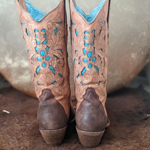 CORRAL C1620 laser tooled tan & turquoise snip toe cowgirl western boots sz 9.5 - Picture 10 of 16